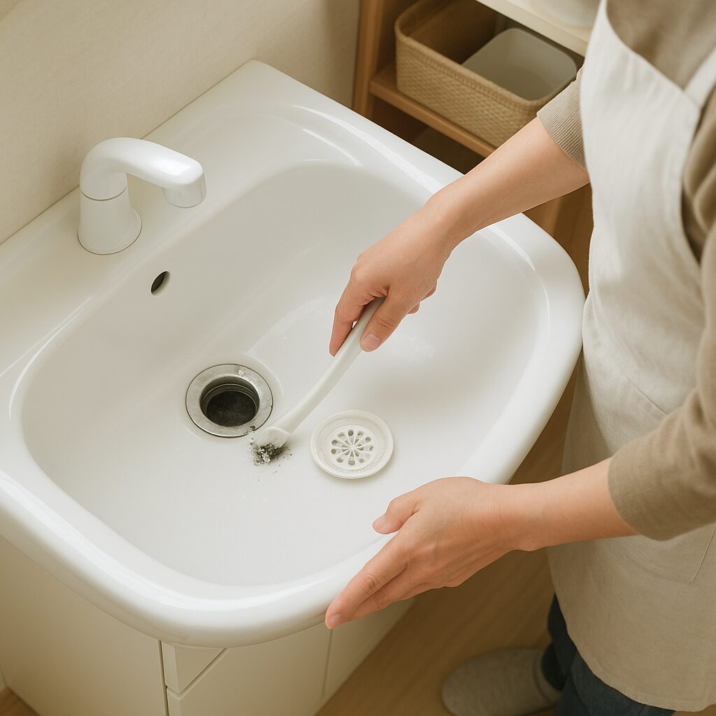 洗面所の排水口を掃除して詰まりを予防している様子