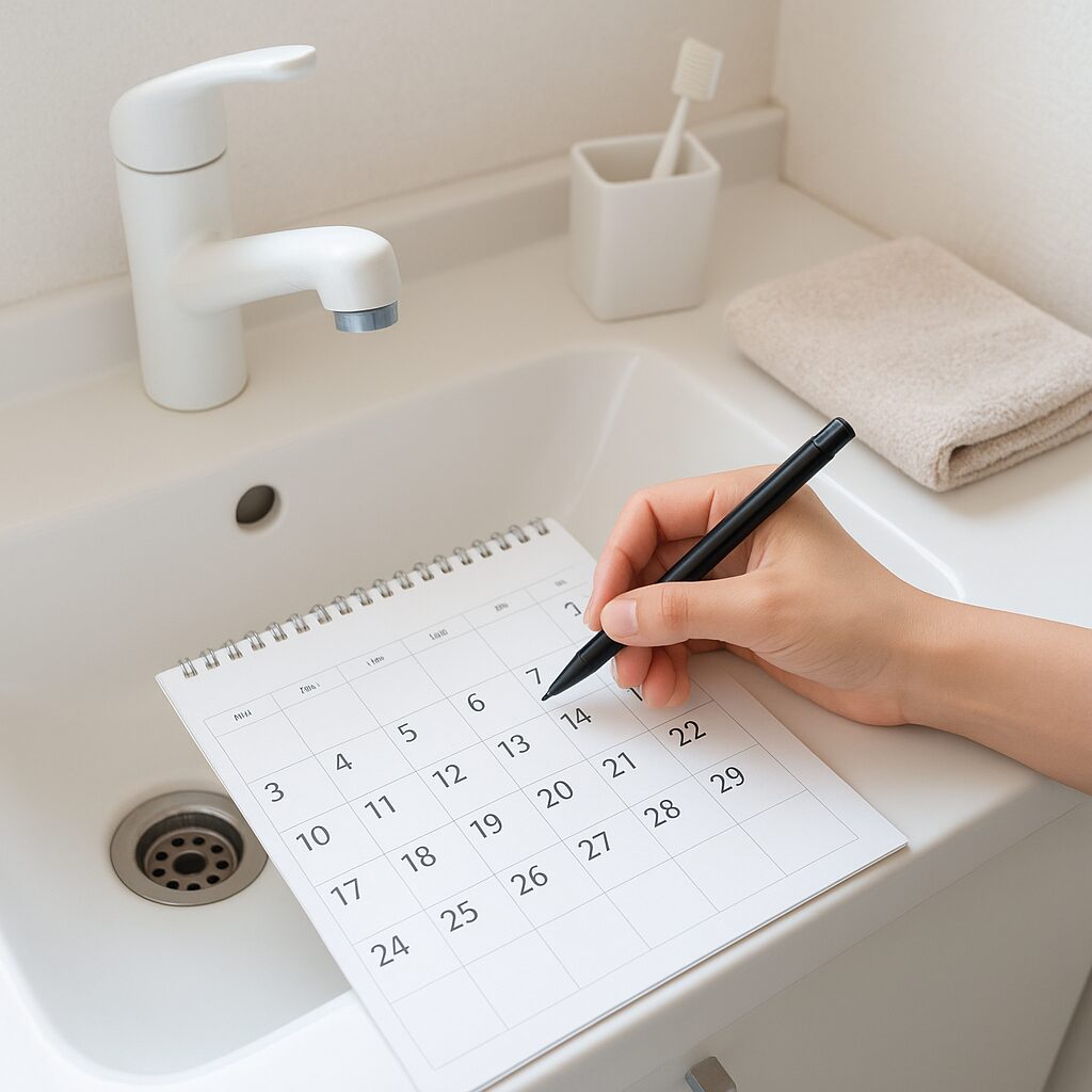 排水口の詰まり予防のために掃除の予定を書き込んでいるカレンダー