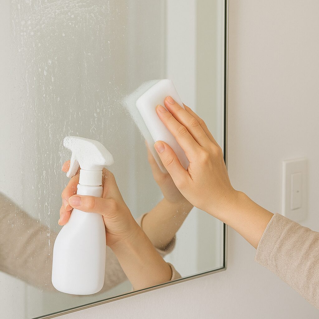 鏡のウロコ汚れを専用クリーナーとスポンジで掃除している様子
