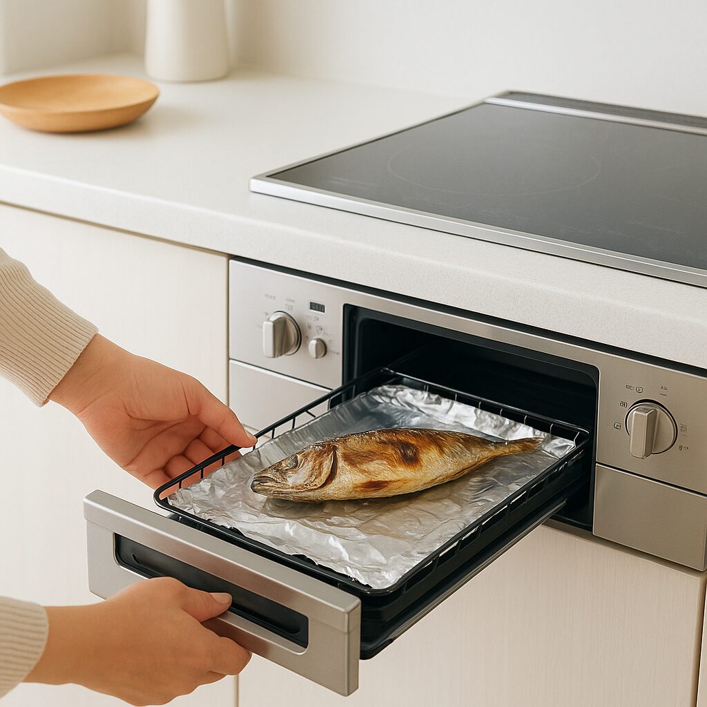 魚焼きグリルの焦げ防止のためのアルミホイルと受け皿の水の使い方