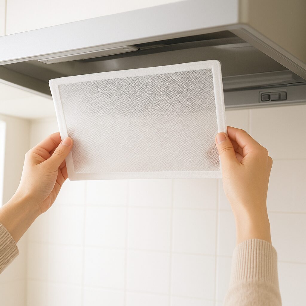 きれいな換気扇フィルターにカバーをつけて汚れを予防している様子