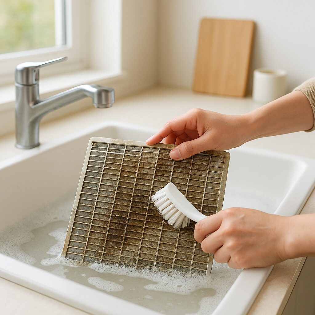 つけ置き洗いした換気扇フィルターをブラシでこすり洗いしている様子