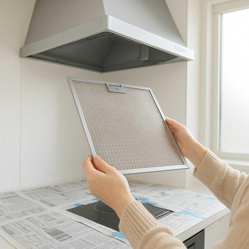 換気扇フィルターを外してお手入れ準備をしている様子