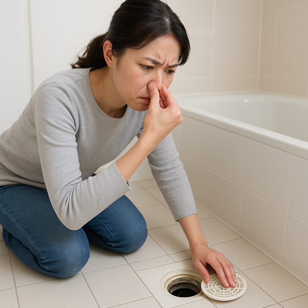 お風呂の排水口をのぞき込んで臭いに困っている人のイメージ