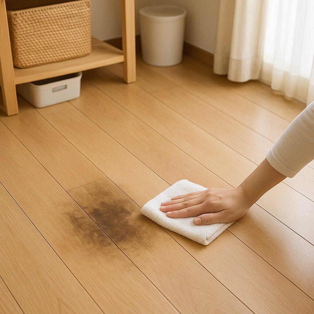 黒ずんだフローリングを雑巾で拭き掃除している様子