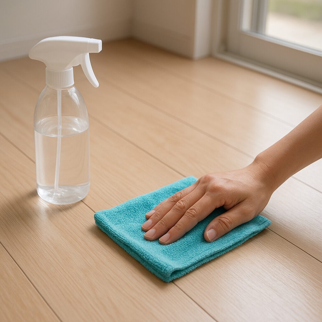 セスキ水とクロスを使って床のヌメリを掃除している様子