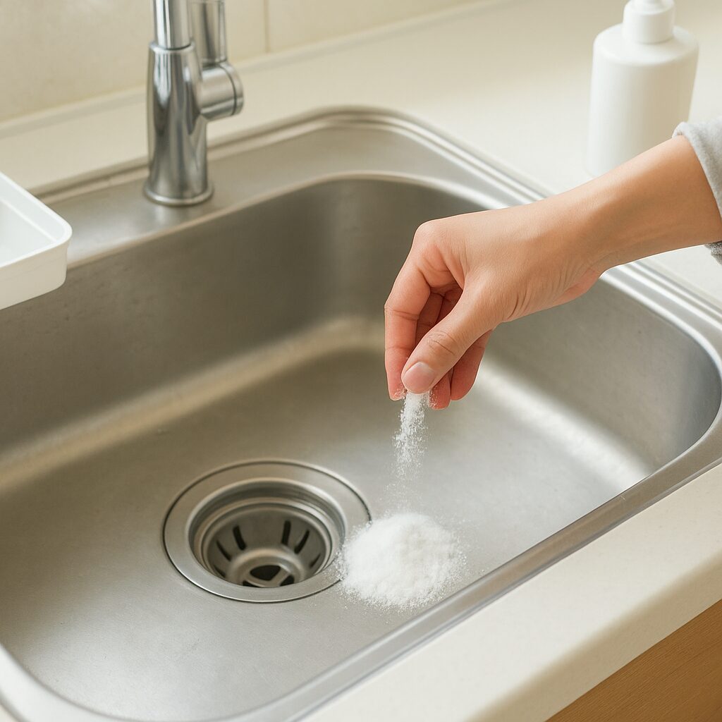 重曹を使ってキッチン排水口をケアする様子