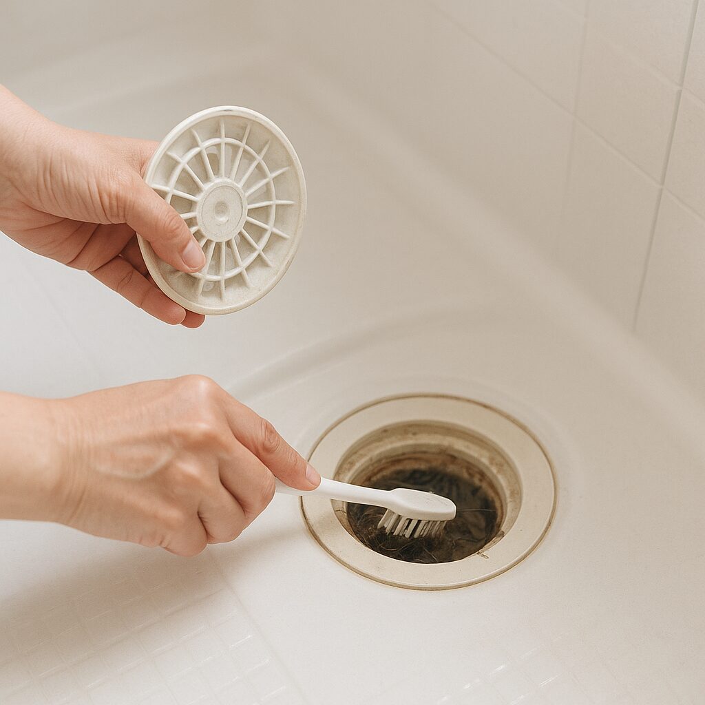 排水口カバーと受け皿をブラシでこすり洗いしている様子